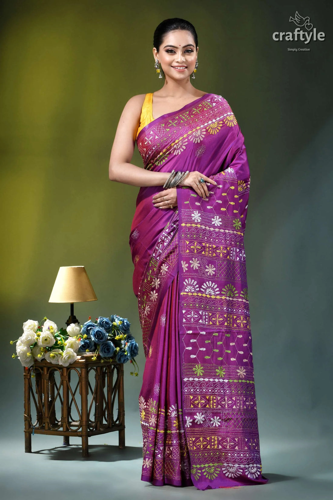 Warm purple multicolor hand embroidery silk lambani saree - floral motif vibrant purple saree intricate floral 1