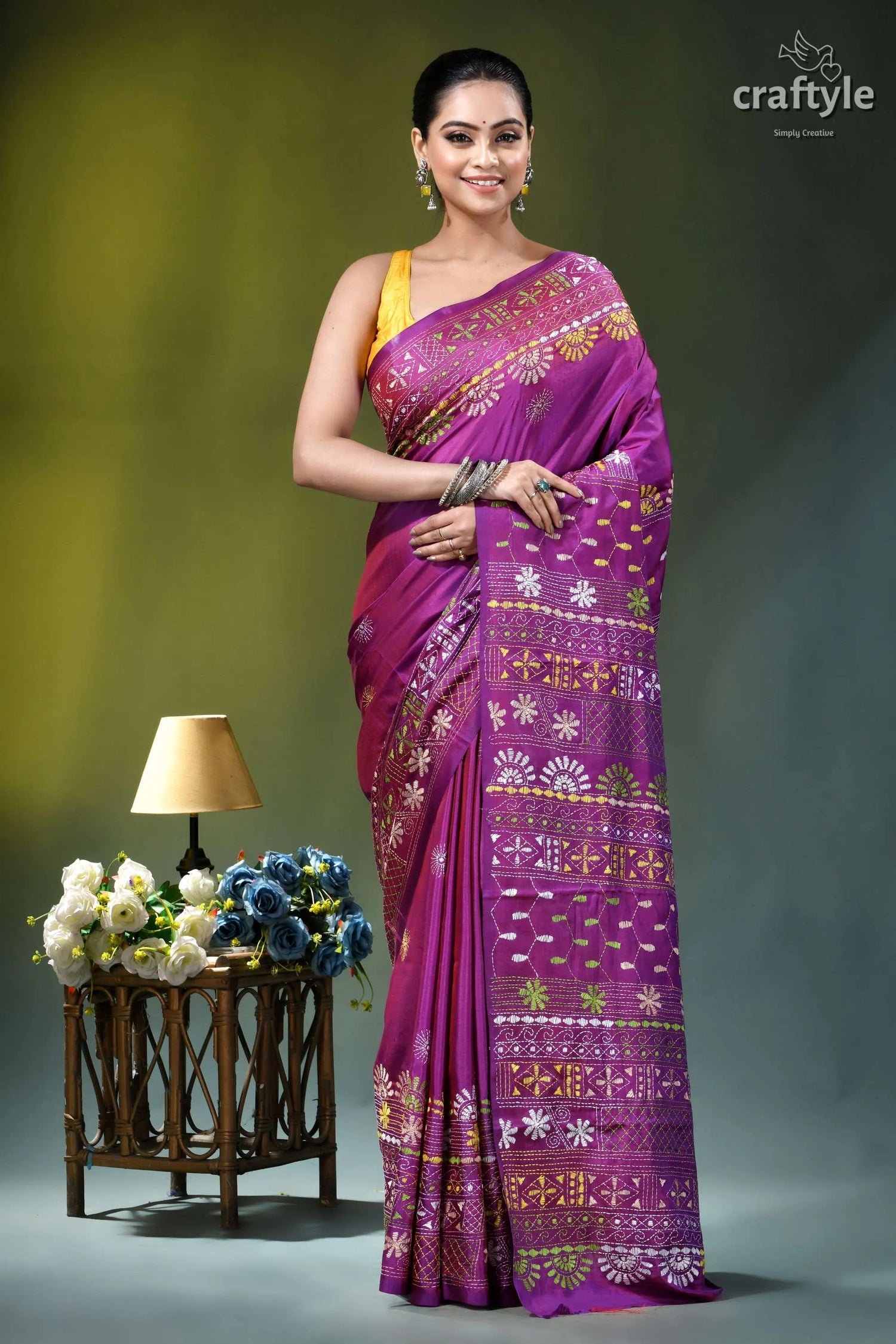 Warm purple multicolor hand embroidery silk lambani saree - floral motif vibrant purple saree intricate floral 1