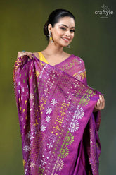 Warm purple multicolor hand embroidery silk lambani saree - floral motif vibrant purple saree intricate white 2