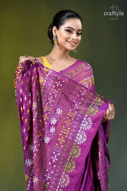 Warm purple multicolor hand embroidery silk lambani saree - floral motif vibrant purple saree intricate white 2