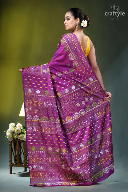 Warm purple multicolor hand embroidery silk lambani saree - floral motif vibrant purple saree intricate floral 6