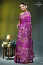 Warm purple multicolor hand embroidery silk lambani saree - floral motif vibrant purple saree intricate floral 3