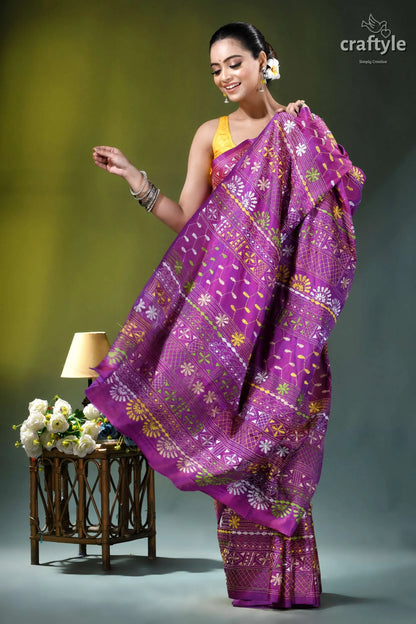 Warm purple multicolor hand embroidery silk lambani saree - floral motif vibrant purple saree intricate floral 4