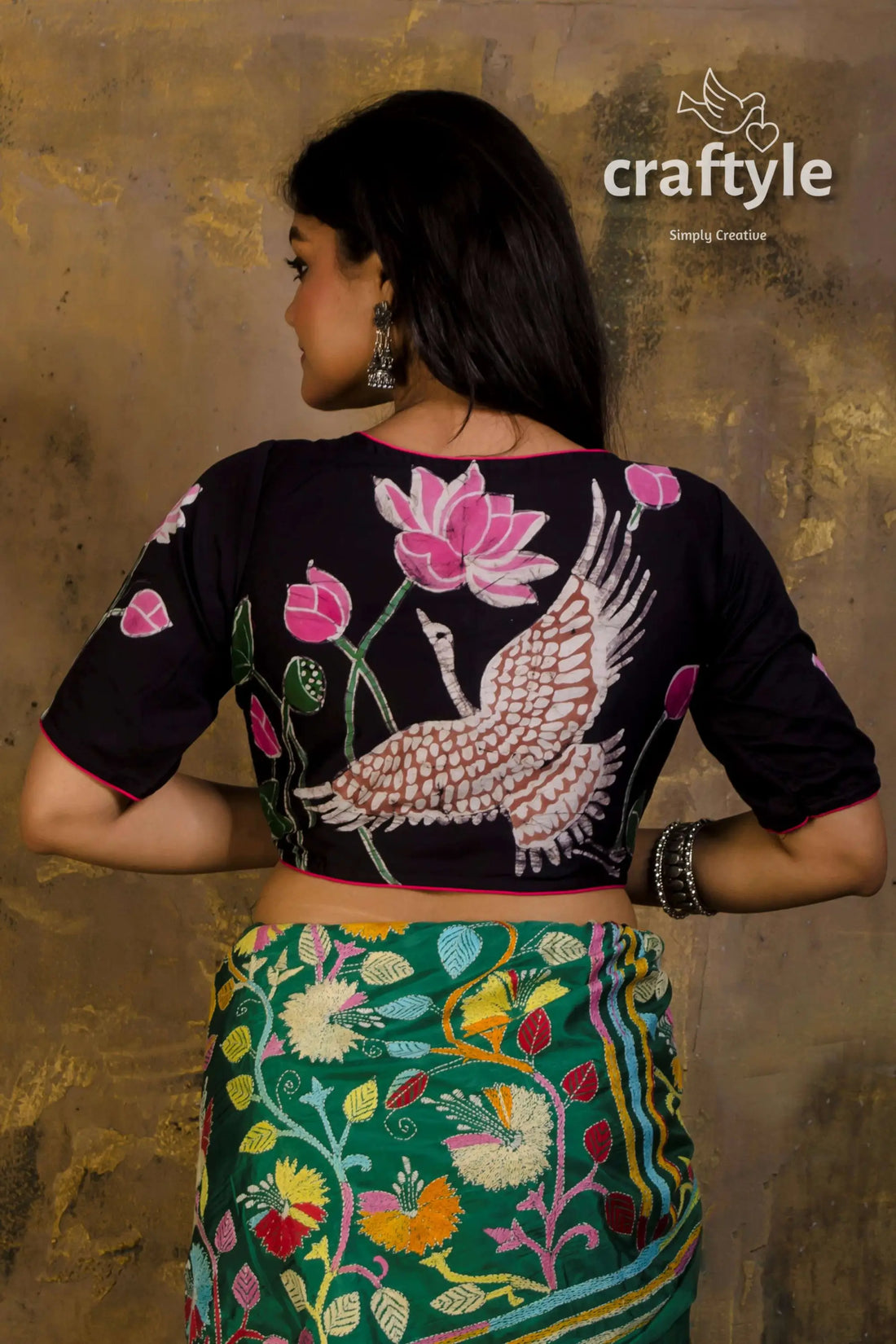 Wax batik pure cotton blouse black blouse lotus crane design 2