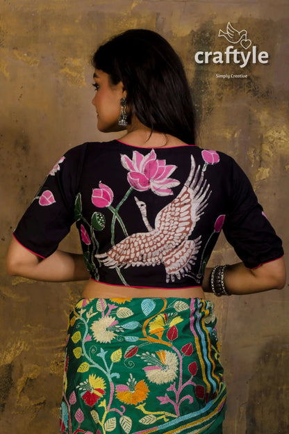 Wax batik pure cotton blouse black blouse lotus crane design 2