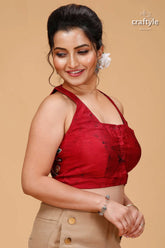 Wax batik pure cotton blouse with multicolor bird motif woman red halter-neck crop beige 4