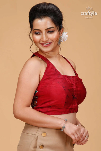 Wax batik pure cotton blouse with multicolor bird motif woman red halter-neck crop beige 4