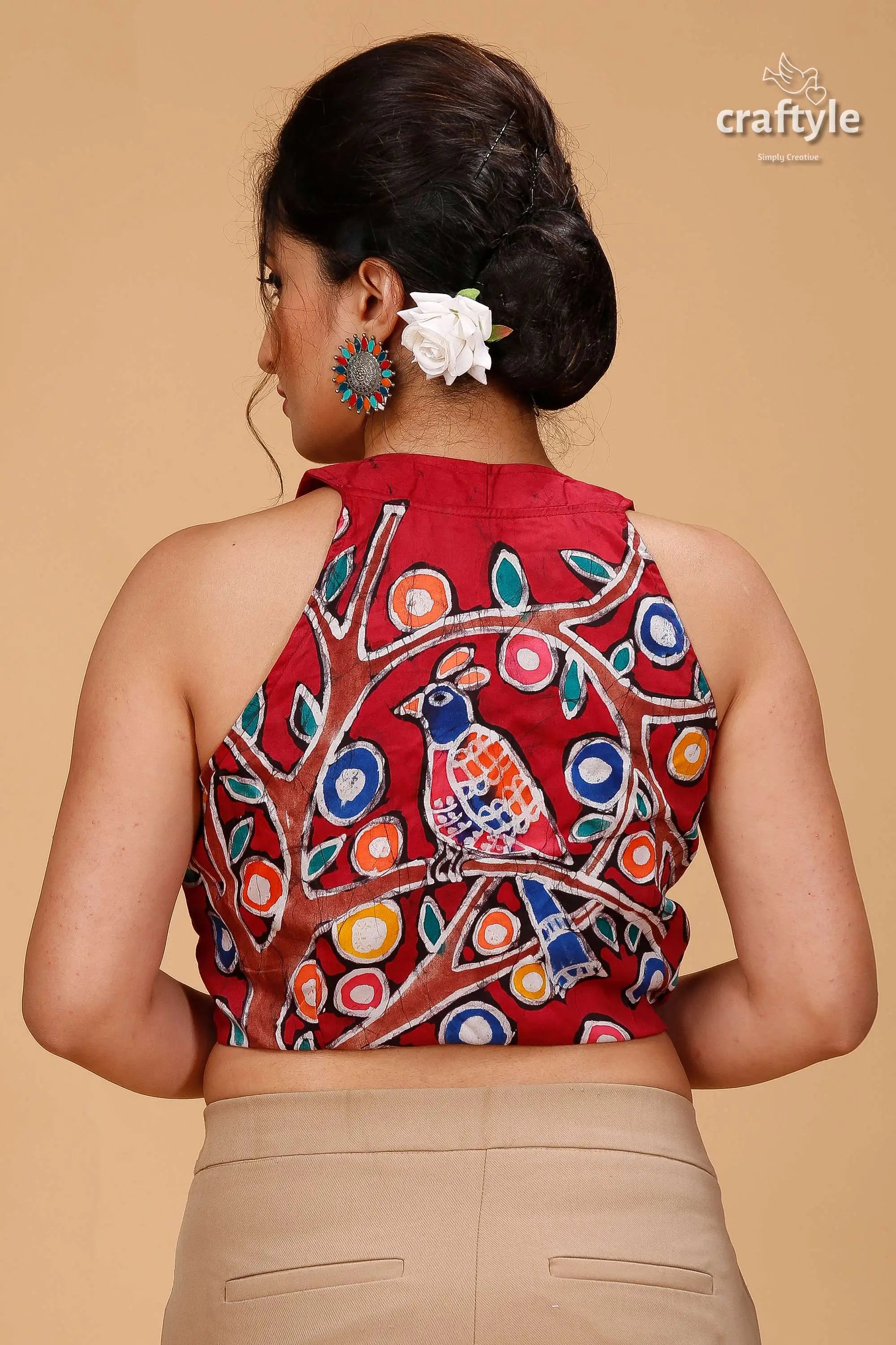 Wax batik pure cotton blouse with multicolor bird motif woman’s red sleeveless colorful bird 2