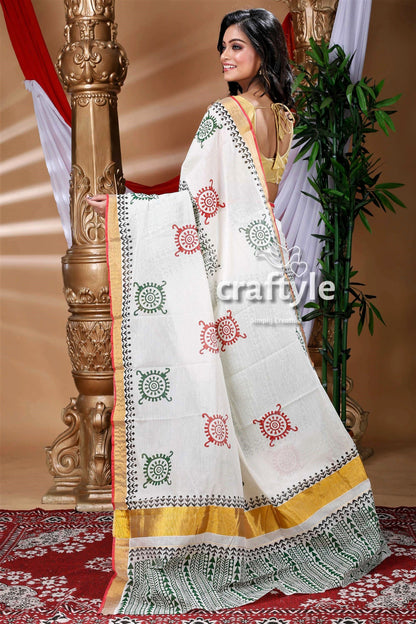 White and Basil Green Hand Block Kerala Cotton Saree-Craftyle