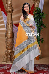 White and black floral design hand block kerala cotton saree woman white yellow saree 3