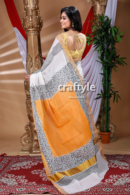 White and Black Floral Design Hand Block Kerala Cotton Saree-Craftyle