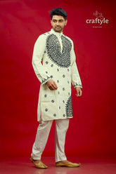 White and black kantha stitch cotton panjabi for men man cream-colored kurta intricate 4