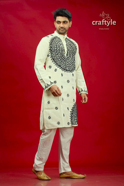 White and black kantha stitch cotton panjabi for men man cream-colored kurta intricate 4
