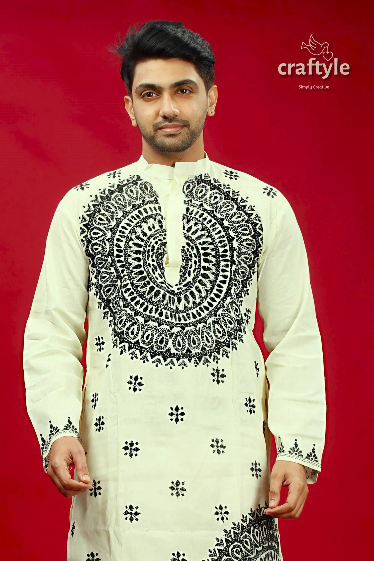 White and black kantha stitch cotton panjabi for men cream-colored kurta intricate embroidery 2