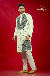 White and black kantha stitch cotton panjabi for men embroidered kurta intricate 3