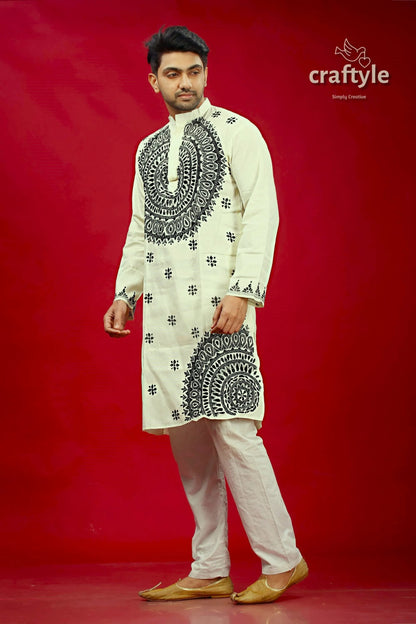 White and black kantha stitch cotton panjabi for men embroidered kurta intricate 3