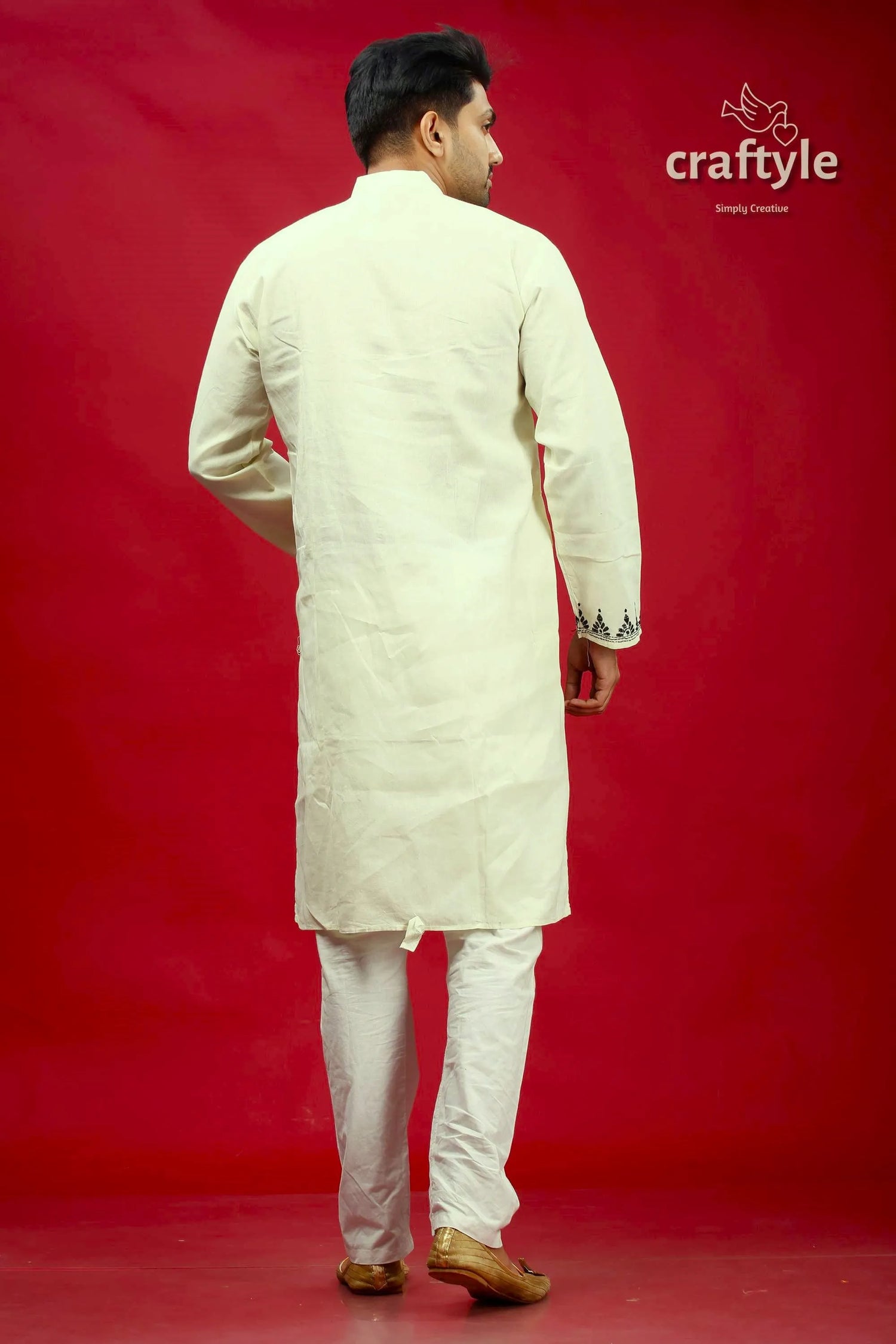 White and black kantha stitch cotton panjabi for men cream-colored long-sleeved kurta subtle 5