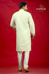 White and black kantha stitch cotton panjabi for men cream-colored long-sleeved kurta subtle 5