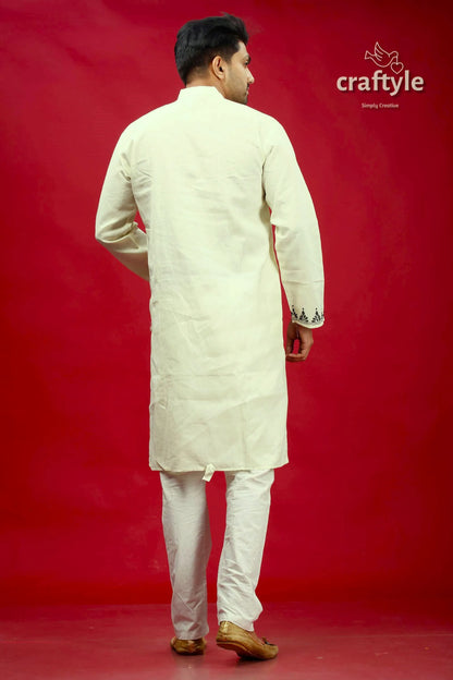White and black kantha stitch cotton panjabi for men cream-colored long-sleeved kurta subtle 5