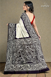 White and black soru tuli hand batik mulberry pure silk saree 5