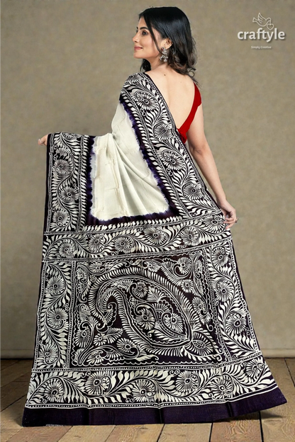 White and black soru tuli hand batik mulberry pure silk saree 5