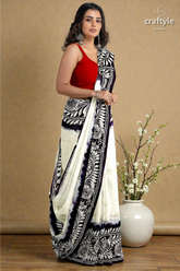 White and black soru tuli hand batik mulberry pure silk saree 6