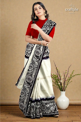 White and black soru tuli hand batik mulberry pure silk saree 2
