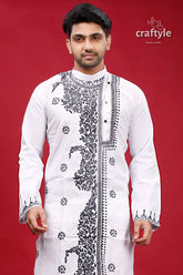 White and bright grey hand kantha mens cotton kurta intricate black embroidery 2