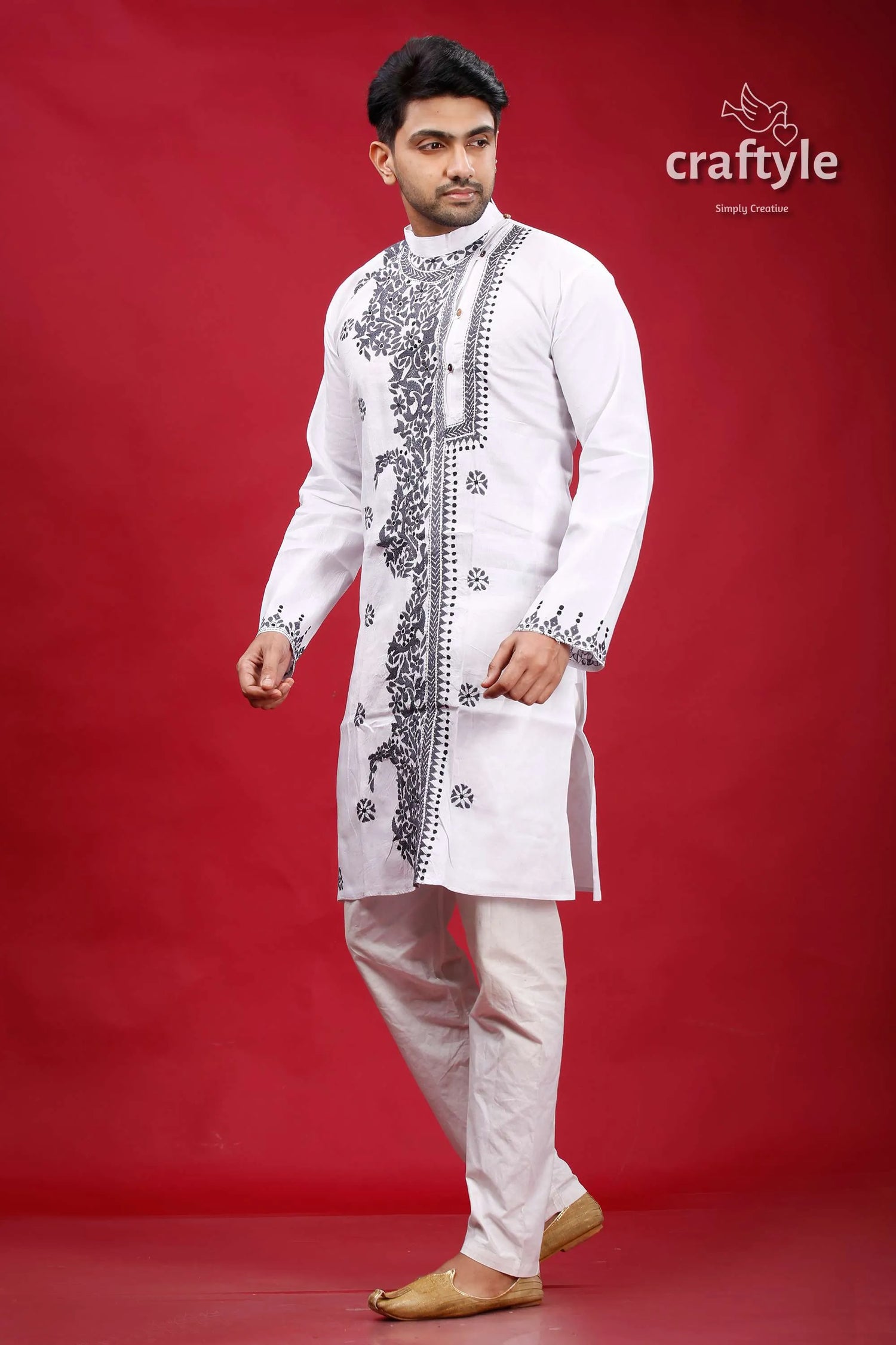 White and bright grey hand kantha mens cotton kurta embroidered intricate black 3