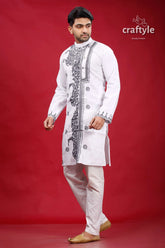 White and bright grey hand kantha mens cotton kurta embroidered intricate black 3