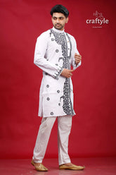 White and bright grey hand kantha mens cotton kurta intricate black embroidery 4