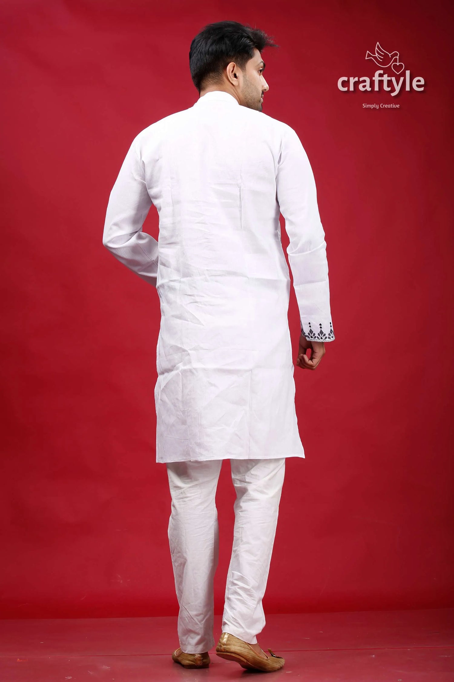 White and bright grey hand kantha mens cotton kurta black embroidered 5