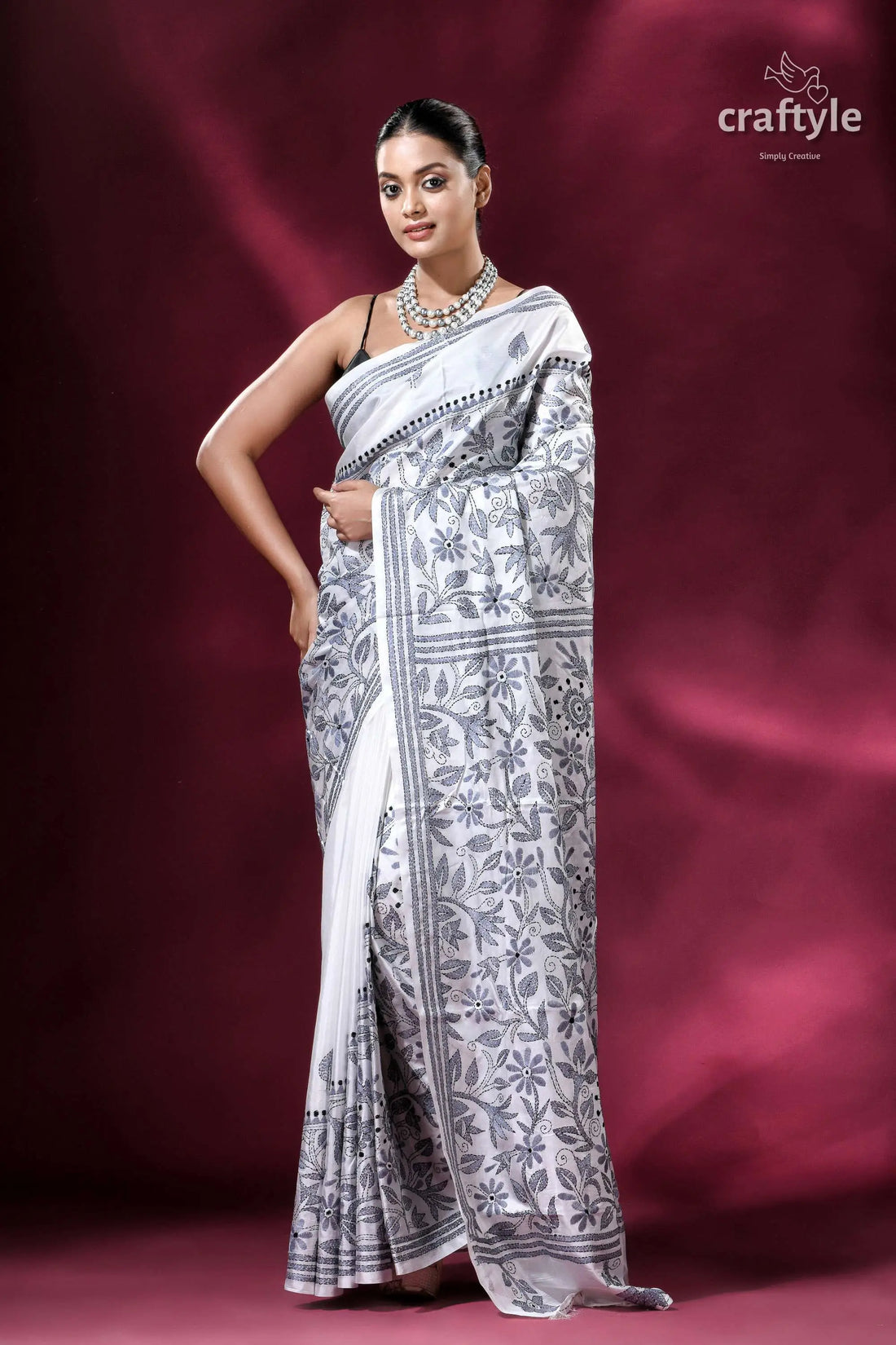 White and grey floral silk kantha stitch saree white saree black floral embroidery 1