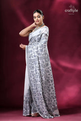 White and grey floral silk kantha stitch saree elegant white saree gray floral 3