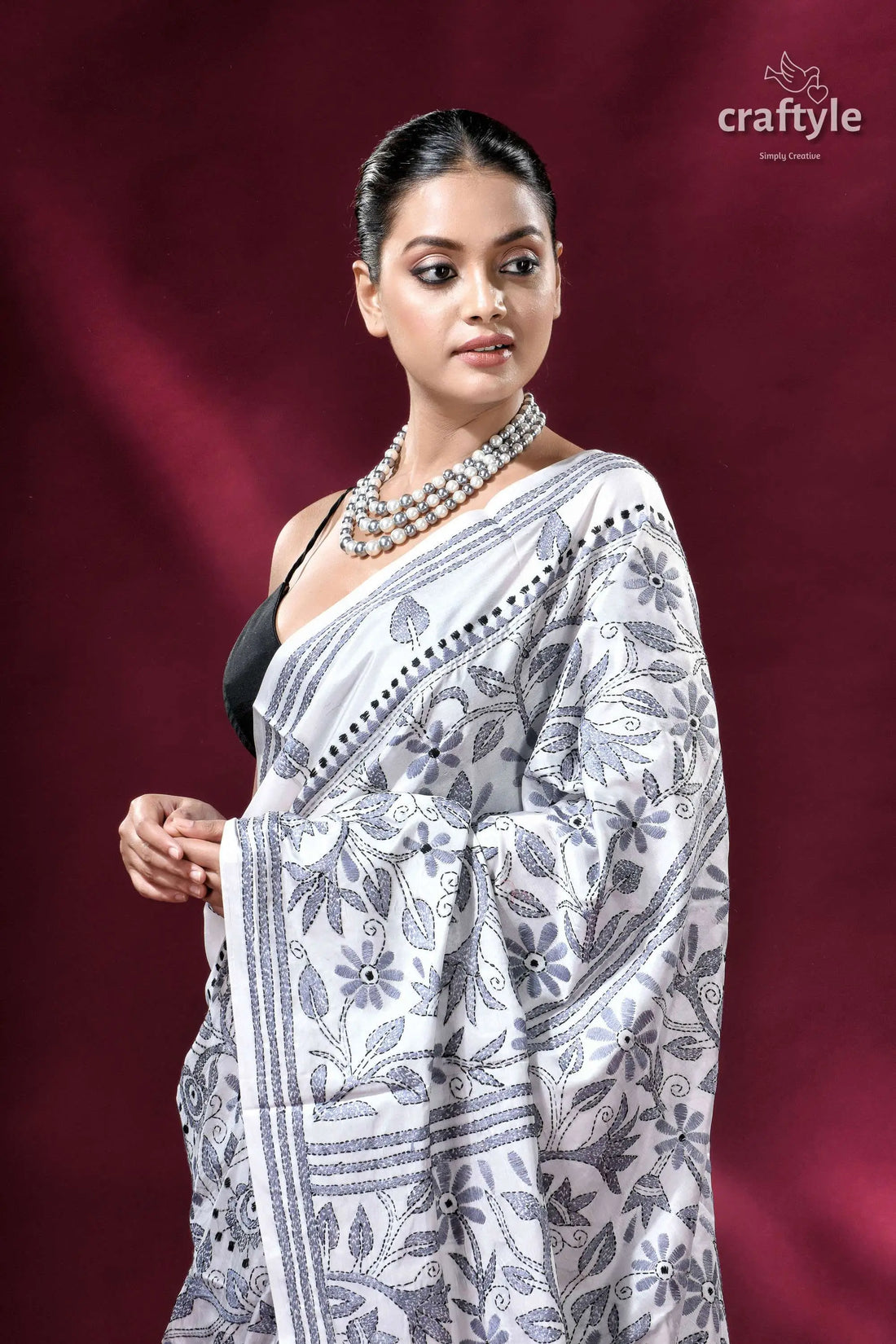 White and grey floral silk kantha stitch saree woman white saree black floral 2