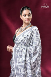 White and grey floral silk kantha stitch saree woman white saree black floral 2