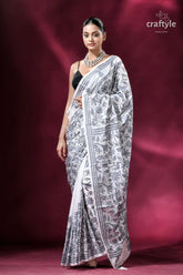 White and grey floral silk kantha stitch saree white saree black floral embroidery 5