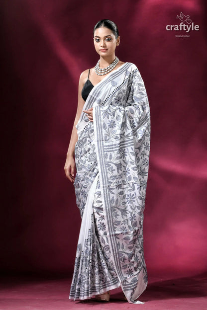 White and grey floral silk kantha stitch saree white saree black floral embroidery 5