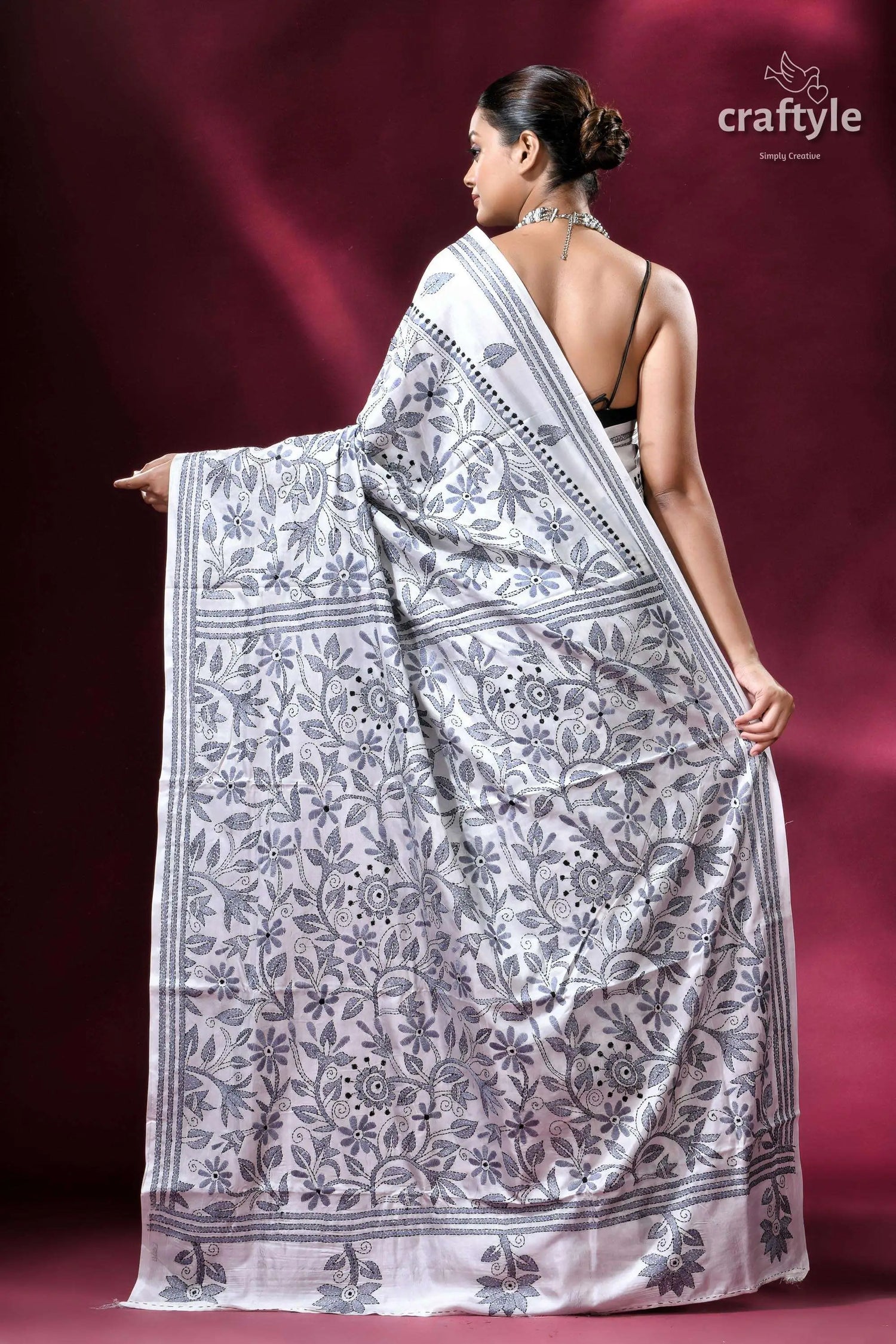 White and grey floral silk kantha stitch saree white saree floral embroidery 4