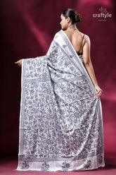 White and grey floral silk kantha stitch saree white saree floral embroidery 4