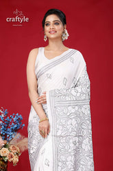 White and grey kantha embroidery silk saree - reverse stitch white saree black floral embroidery 2