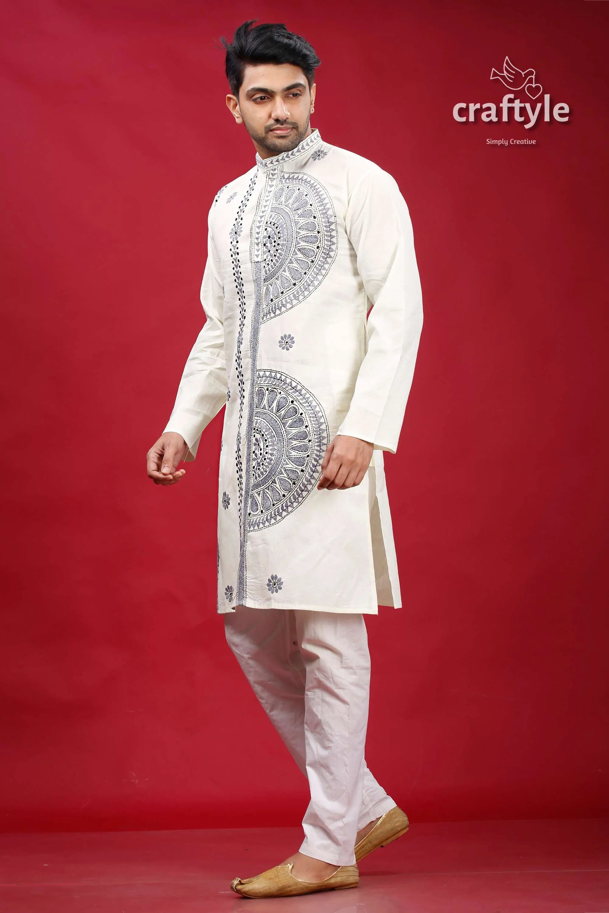 White and grey kantha hand embroidered mens cotton kurta intricate silver 3