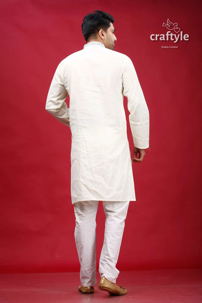 White and grey kantha hand embroidered mens cotton kurta man traditional indian 5