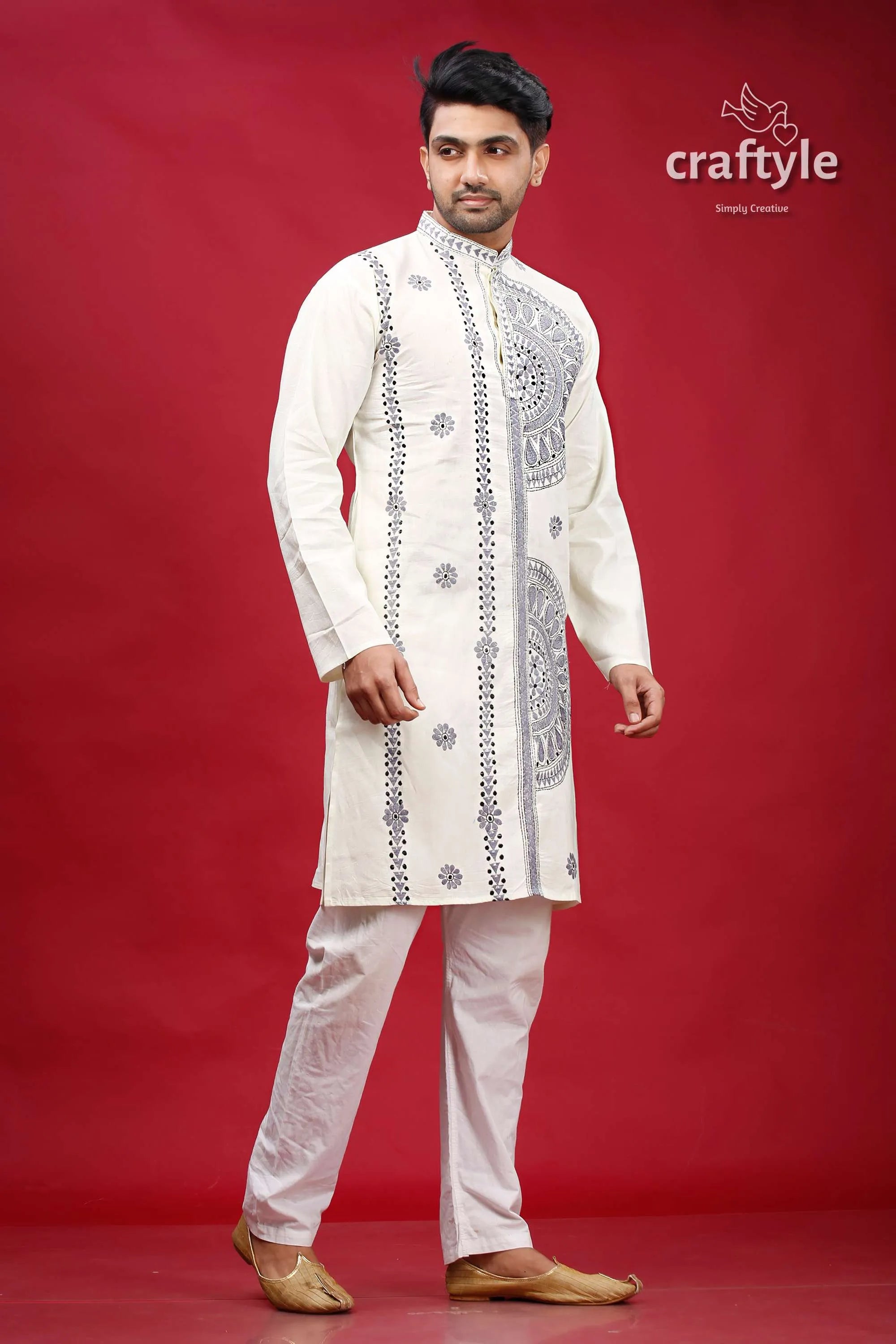 White and grey kantha hand embroidered mens cotton kurta intricate silver 4
