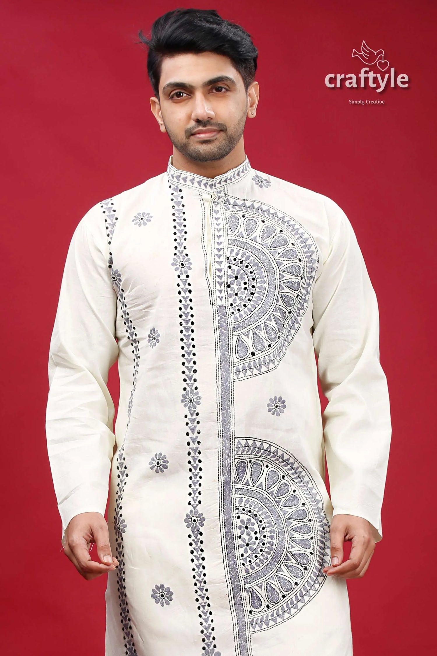 White and grey kantha hand embroidered mens cotton kurta cream-colored intricate black embroidery 2