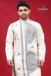 White and grey kantha hand embroidered mens cotton kurta cream-colored intricate black embroidery 2