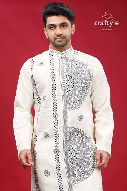 White and grey kantha hand embroidered mens cotton kurta cream-colored intricate black embroidery 2
