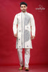 White and grey kantha hand embroidered mens cotton kurta cream-colored intricate black 1