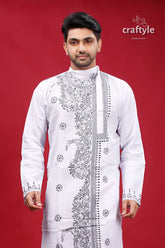 White and Grey Kantha Work Cotton Kurta for Men - Craftyle