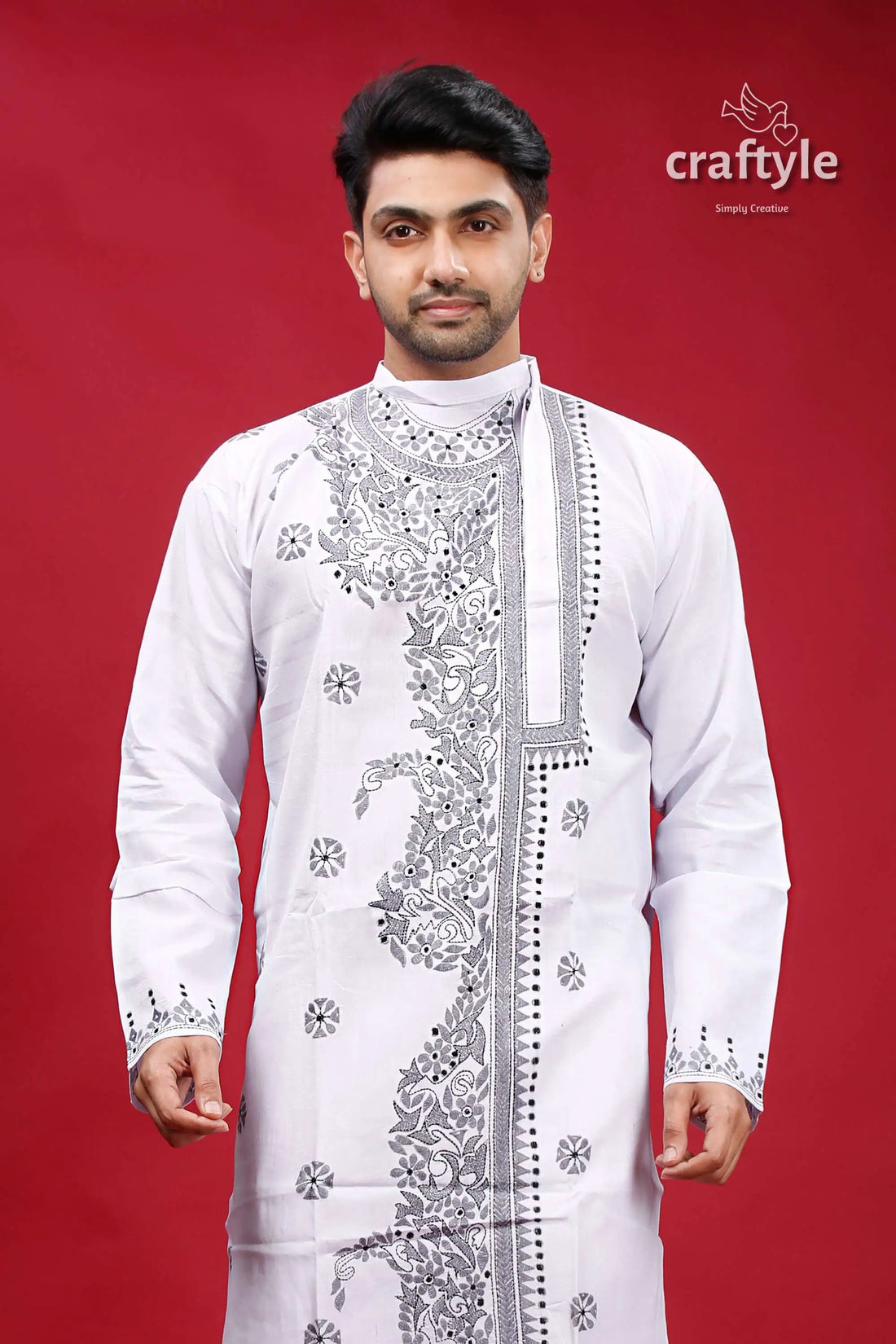 White and grey kantha work cotton kurta for men white embroidered kurta 2